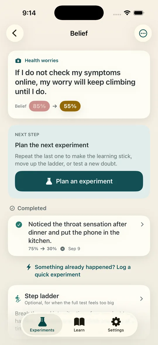 A belief page with the rating over time, a Next step card, and the experiments completed so far