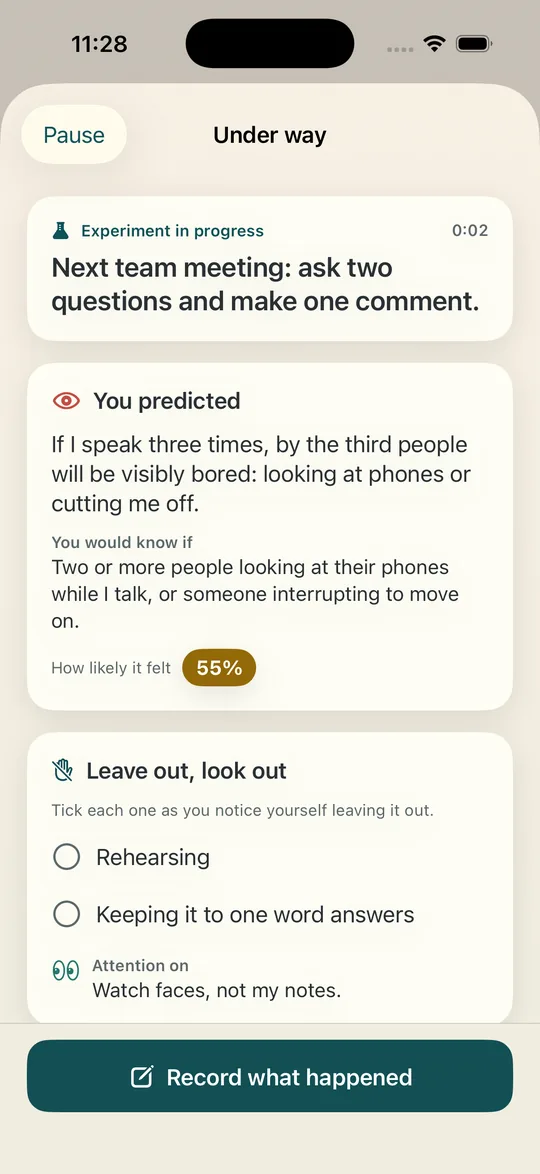 The Under way screen with the plan, the prediction, safety behaviors as a checklist, and a notes box