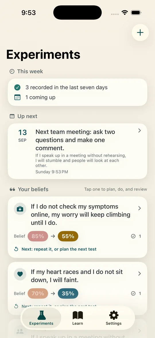 The Experiments tab, with a This week strip, one upcoming experiment, and a list of beliefs each showing its rating before and now
