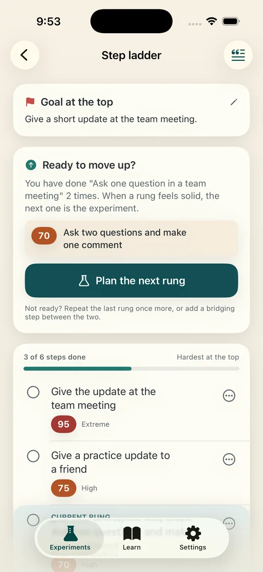 A step ladder with a goal at the top, a Ready to move up card, and rungs rated for expected distress