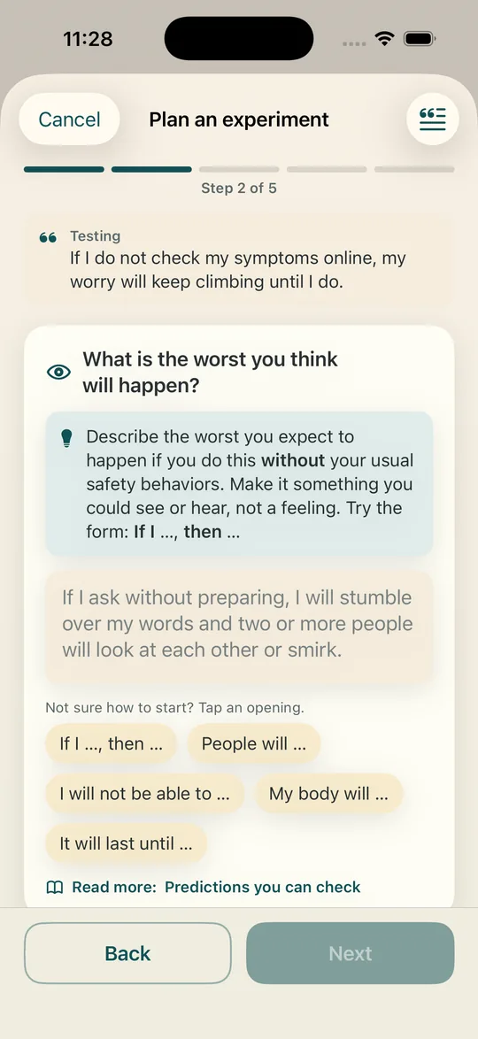 The planning screen, asking what is the worst you think will happen, with tappable openings for a prediction
