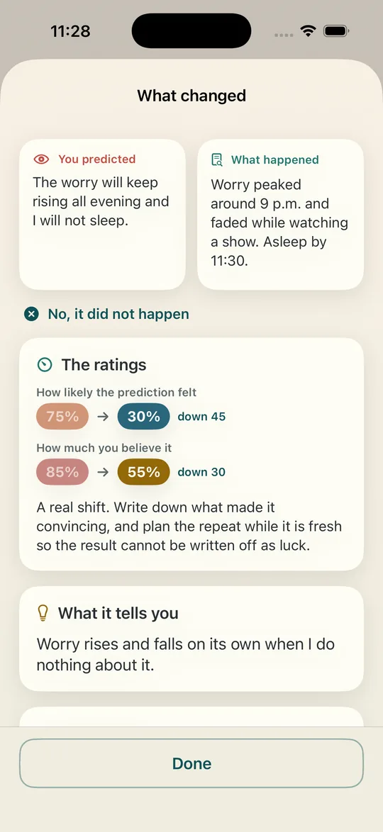 The What changed screen after a review, showing the prediction beside what happened and both ratings dropping